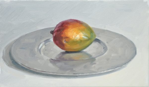 Mangue dans un plat metalique, huile sur toile, 40x24cm, 2018