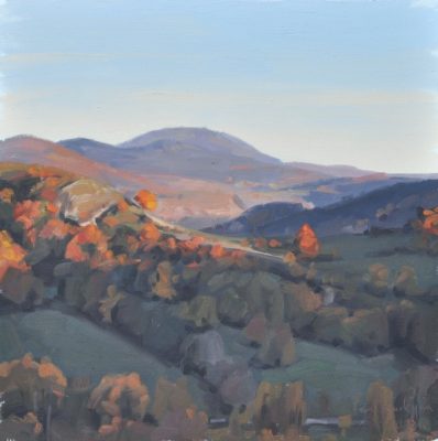 Trente octobre, Roches de Mariol, lumière du soir, huile sur toile, 50x50 cm, 2018