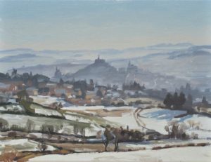 Le Puy-en-Velay, neige et brumes matinales, huile sur toile, 30x40cm, 2018