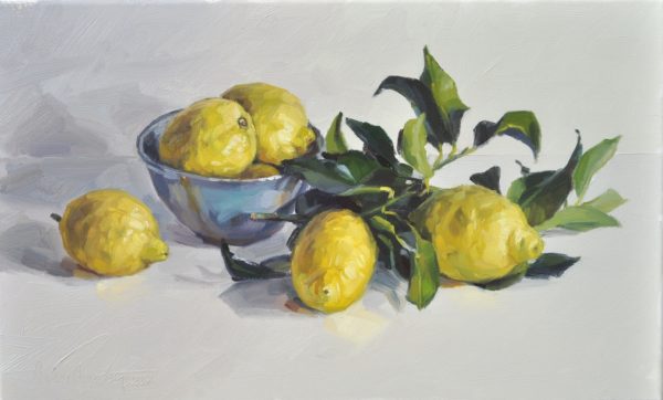 Citrons et bol bleu, huile sur toile, 55x33cm, 10M, 2019