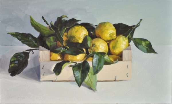 Citrons dans une cagette, huile sur toile, 55x33cm, 10M, 2019, collection privée UK