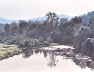Treize septembre, la loire à lavoûte, lumière du matin, huile sur toile, 81x130cm, 2018
