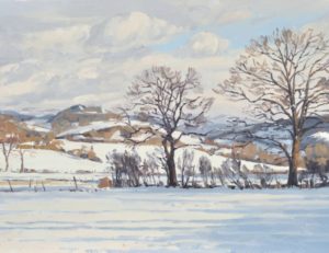 Cinq février, Saint-Vincent, neige, lumière du soir, huile sur toile, 65x100cm, 2019