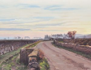 Quatre janvier, chemin à Meursault, coucher de soleil, huile sur toile, 74x130cm, 2019