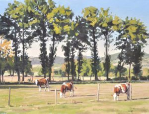 Dix-sept septembre, Saint Vincent, vaches dans le pré, huile sur toile, 50x73cm, 2019, collection privée CA