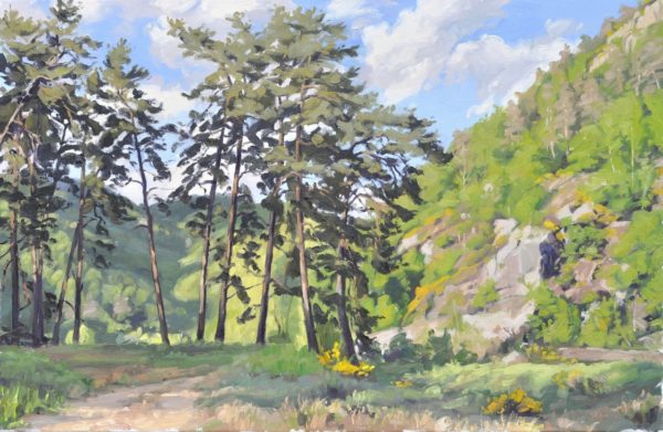 Onze mai, chemin dans les gorges de la Loire, huile sur toile, 60 x 92 cm, 2019, collection privée USA