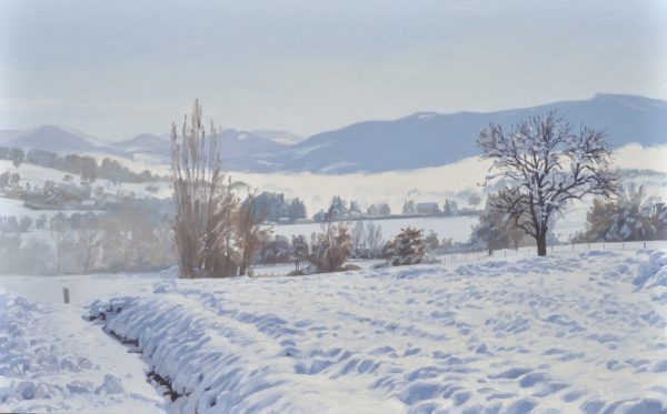 Brumes du matin sur les monts enneigés, huile sur toile, 81 x 130 cm, 2020