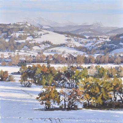 Neige sur la vallée, lumière du soir, huile sur toile, 90 x 90 cm, 2019, collection privée USA