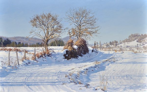 Chemin de campagne sous la neige, huile sur toile, 81 x 130 cm, 2020