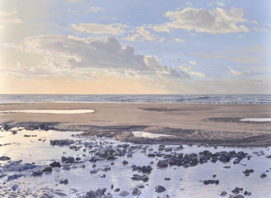 Soleil couchant sur la plage à marée basse, huile sur toile, 146 x 200 cm, 2021