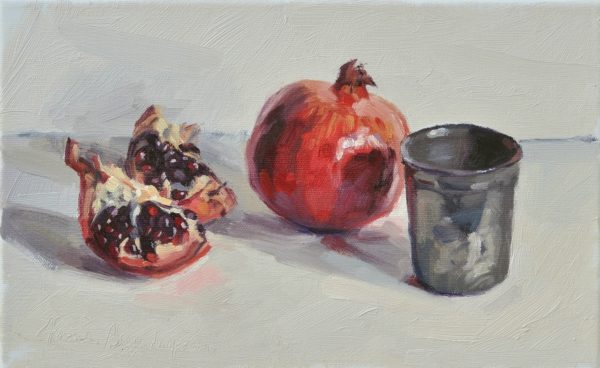 Grenades et gobelet d'étain, huile sur toile, 20x33cm, 2016, collection privée FR