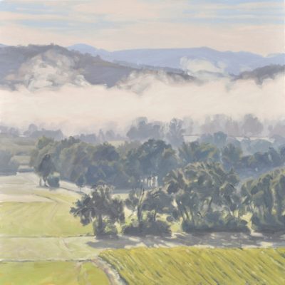 Six septembre, vallée de la Loire, brumes matinales, huile sur toile, 90 x 90 cm, 2021