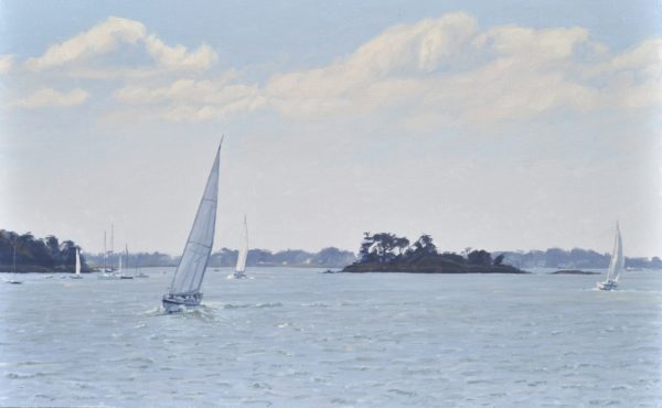 Voiliers dans le Golfe du Morbihan, matin d'été, huile sur toile, 81 X 130 cm, 2021