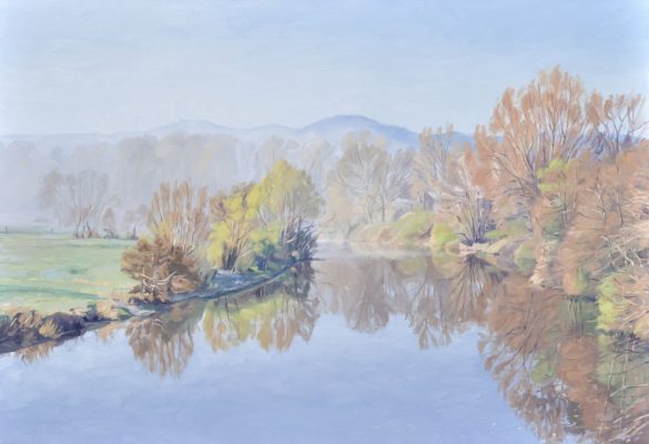 Vingt-six avril, brumes matinales sur la Loire, huile sur toile, 89 x 130 cm, 2022