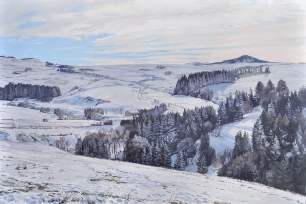 Soleil du matin sur le massif du Mézenc, huile sur toile, 133 x 200 cm, 2023