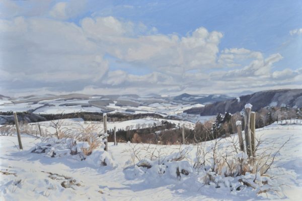 Chemin dans la neige, Saint Julien du Pinet, huile sur toile, 108 x 162 cm, 2023