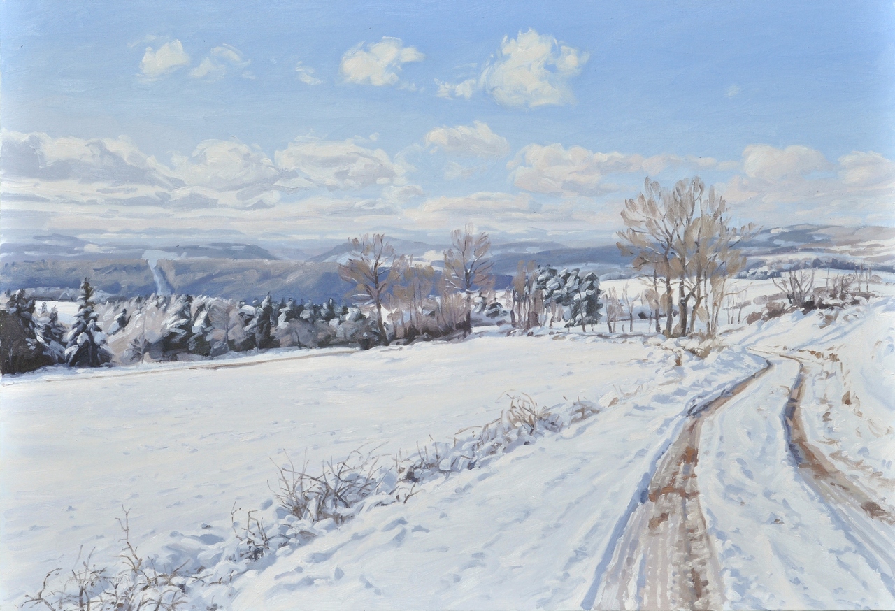 Chemin dans les monts du Velay enneigés, huile sur toile, 89 x 130 cm, 2023