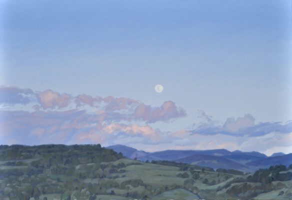Six mai, lever de lune sur les monts, huile sur toile, 89 x 130 cm, 2023