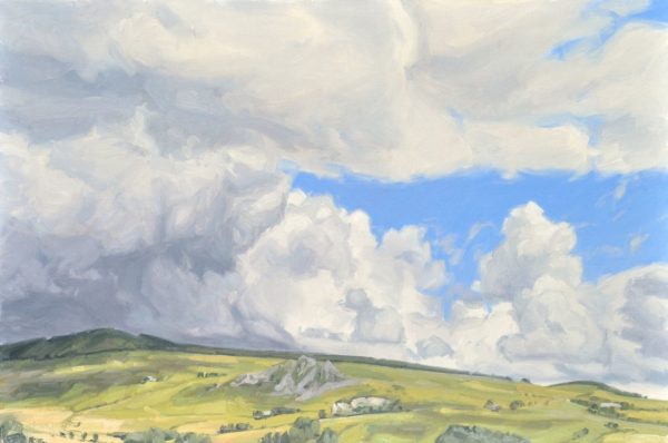 Vingt-quatre juin, nuages, massif du Mézenc, huile sur toile, 60 x 92 cm, 2023