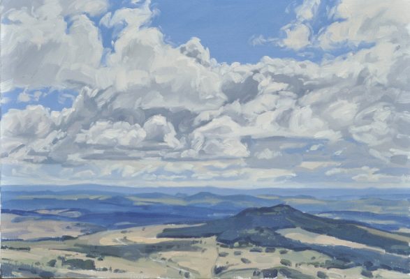 Vingt juin, nuages au-dessus du massif du Mézenc, huile sur toile, 41 x 60 cm, 2023