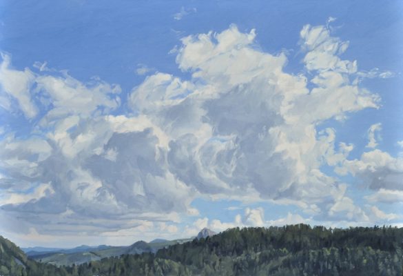 Cinq septembre, nuages, massif du Mézenc, huile sur toile, 89 x 130 cm, 2024