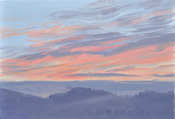 Vingt-six janvier, lever de soleil sur les monts, huile sur toile, 41 x 60 cm, 2024