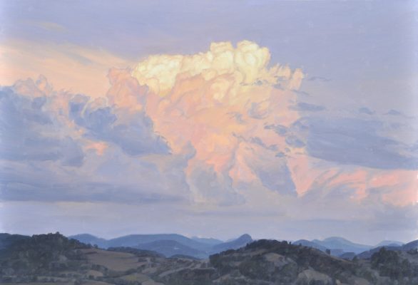 Cinq août, crépuscule sur les monts du Velay, huile sur toile, 89 x 130 cm, 2024,
