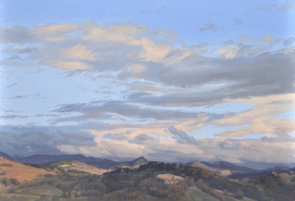 Douze décembre, coucher de soleil sur les Roches de Mariol, huile sur toile, 89 x 130 cm, 2024