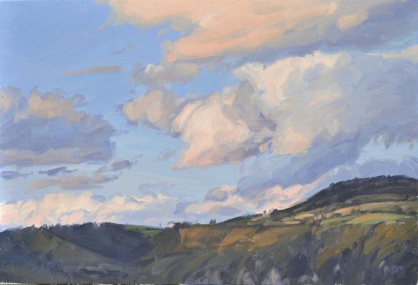 Huit août, soleil couchant sur le suc du Vert, huile sur toile, 41 x 60 cm, 2023