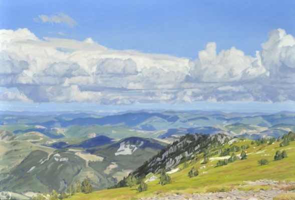 Vingt juin, nuages sur le Mont Mézenc, huile sur toile, 89 x 130 cm, 2024
