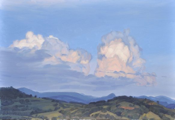 Neuf juin, nuage au-dessus des monts, soleil couchant, huile sur toile, 50 x 73 cm, 2023