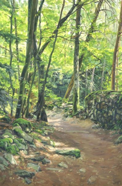 Vingt-cinq juillet, chemin en forêt, Suc de Jalore, huile sur toile, 162 x 108 cm, 2024