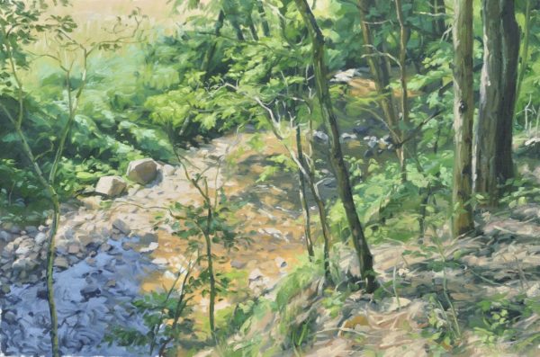 Les deux rochers, bords de la Sumène, huile sur toile, 61 x 92 cm, 2024