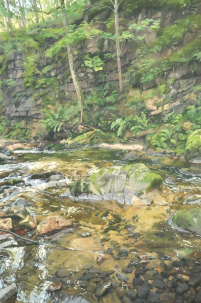 Rivière à l'ombre de la falaise, huile sur toile, 162 x 108 cm, 2024