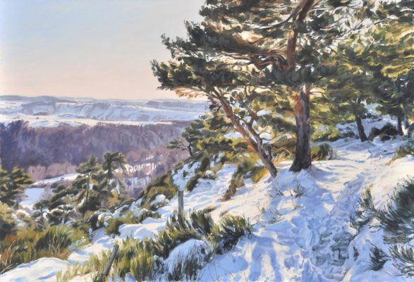 Coucher de soleil sur les monts enneigés, huile sur toile, 89 x 130 cm, 2024