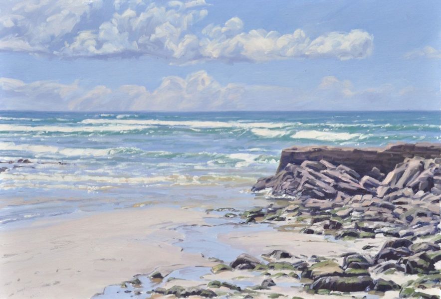 Plage à marée basse, lumière du matin, huile sur toile, 50 x 73 cm, 2025