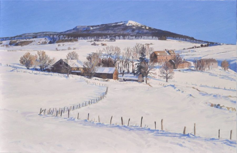 Fermes enneigées au pied du Mont Alambre, huile sur toile, 60 x 92 cm, 2025