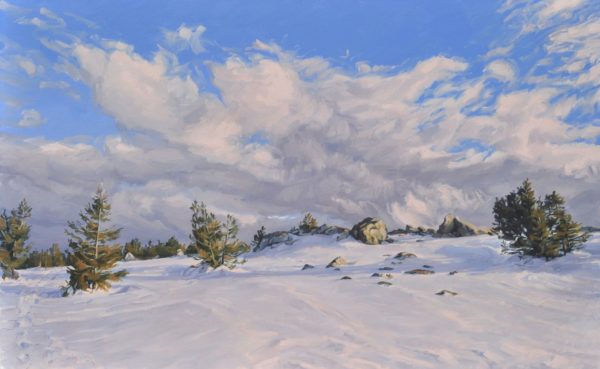 Mont Mézenc enneigé, nuages du soir, 81 x 130 cm, 2025