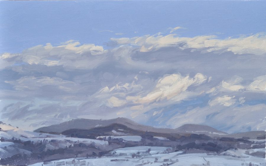 Vingt janvier, neige, lever de soleil, huile sur toile, 38 x 61 cm, 2024