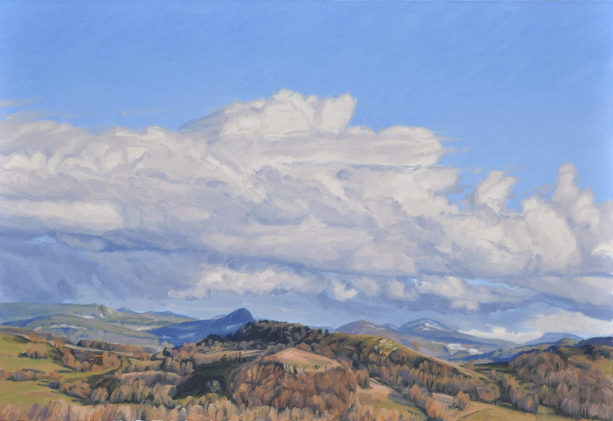 Trente janvier, nuages du soir sur les Roches de Mariol, huile sur toile, 89 x 130 cm, 2026