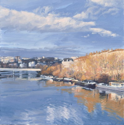 Dix janvier, reflets sur le Rhône, huile sur toile, 60 x 60 cm, 2026