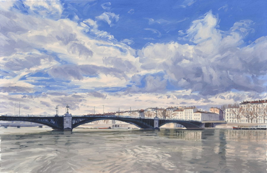 Six février, nuages sur le Rhône, pont de l'Université, huile sur toile, 60 x 92 cm, 2026